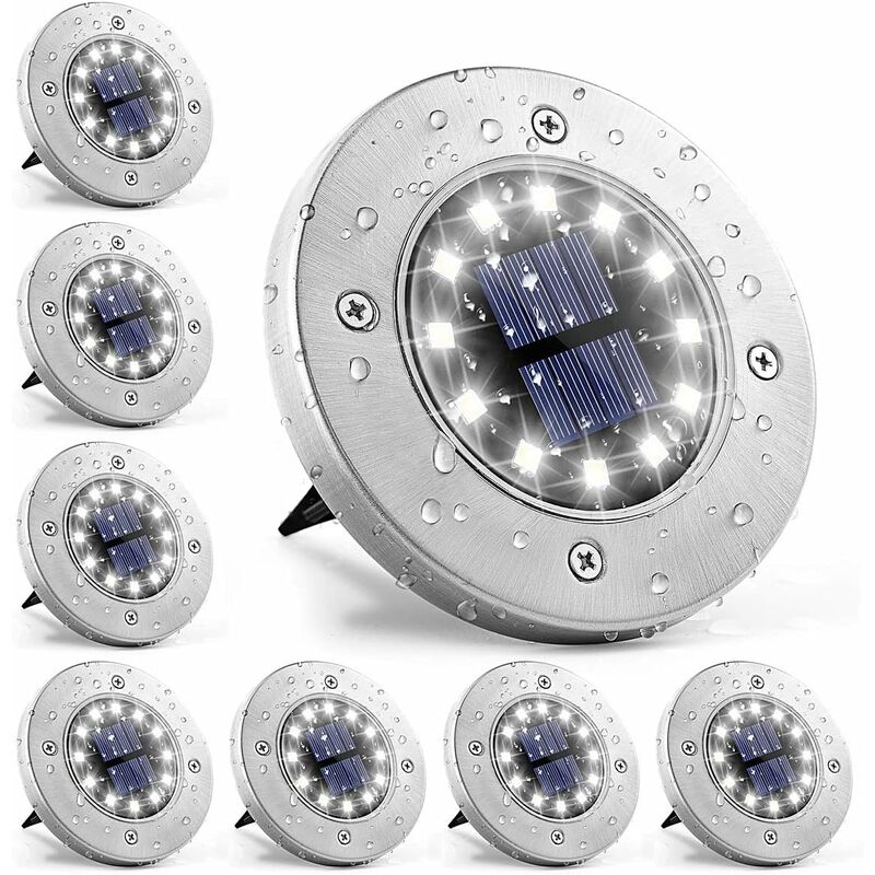 Light 12 LEDs 8 pcs White Solar Ground Lights Stainless Steel Waterproof For Outdoor Garden Patio Lawn Yard Walkway - Image 1