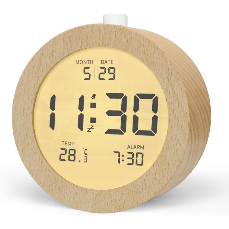 Wooden Digital Alarm Clock, Lcd Digital Clock With DAte, Temperature, Snooze, Backlight, Battery Powered Digital - Image 1