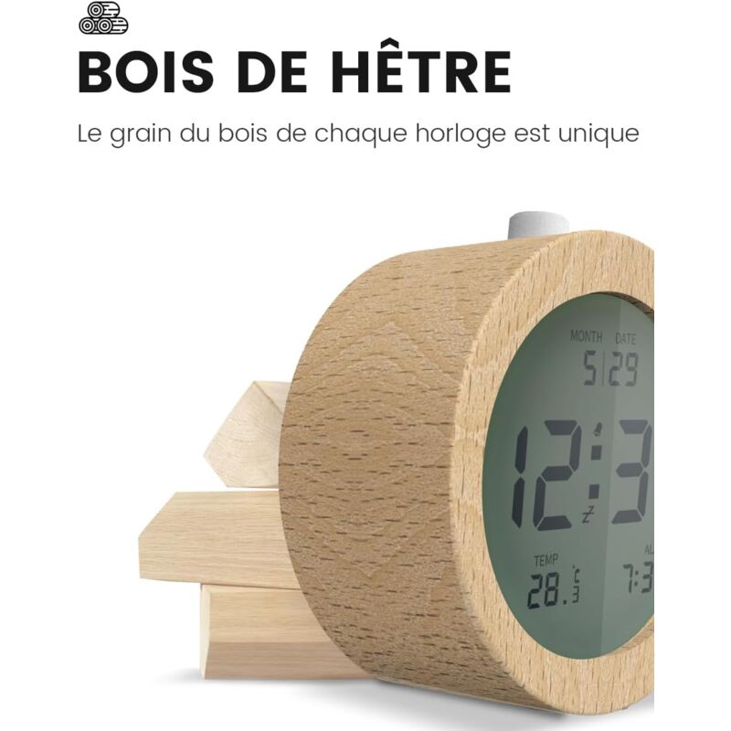 Wooden Digital Alarm Clock, Lcd Digital Clock With DAte, Temperature, Snooze, Backlight, Battery Powered Digital - Image 3