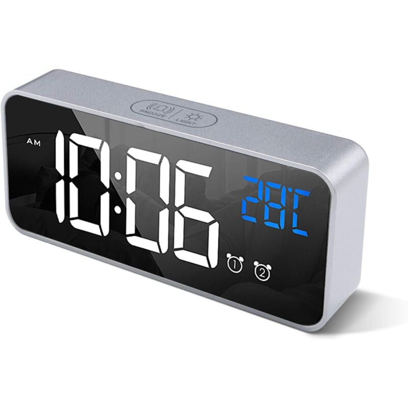 Digital Alarm Clock With Large LED Temperature Display, Portable Mirror Alarm Clock With Dual Alarms (Silver) - Image 1