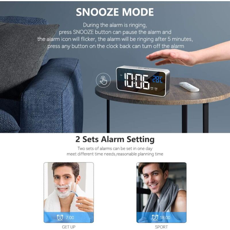 Digital Alarm Clock With Large LED Temperature Display, Portable Mirror Alarm Clock With Dual Alarms (Silver) - Image 4