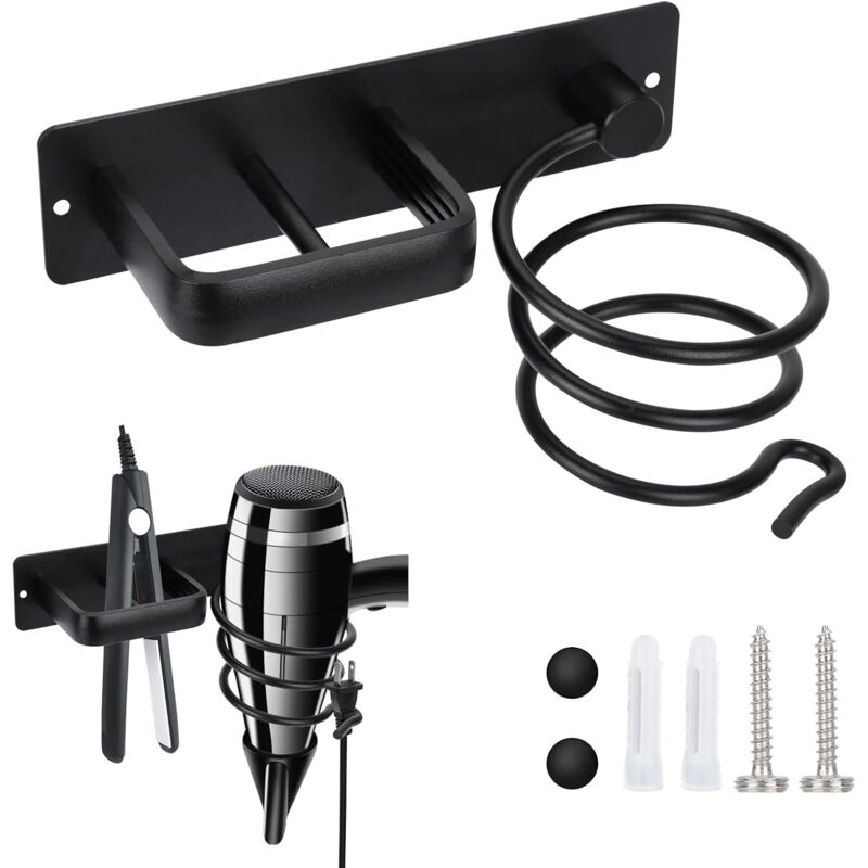 Hair Dryer Holder And Straightener Stand, Hair Dryer Holder With Cable Management, Wall Mounted Hair Dryer Organizer - Image 1
