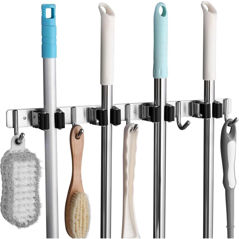 Stainless Steel Wall Mounted Broom Holder, Wall Mounted Broom Hanger With 4 Slots And 5 Hooks For Kitchen, Bathroom, - Image 1