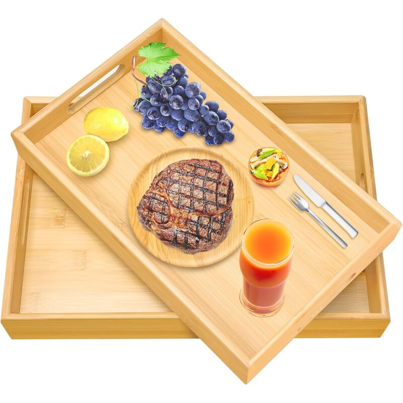 2 pcs Bamboo Serving Trays, Wooden Tray, Rectangular Serving Tray With Handles, Breakfast Tray Serving Tray For - Image 1