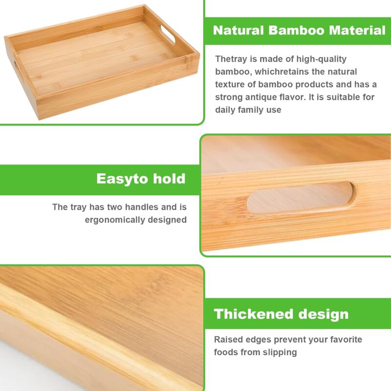 2 pcs Bamboo Serving Trays, Wooden Tray, Rectangular Serving Tray With Handles, Breakfast Tray Serving Tray For - Image 3
