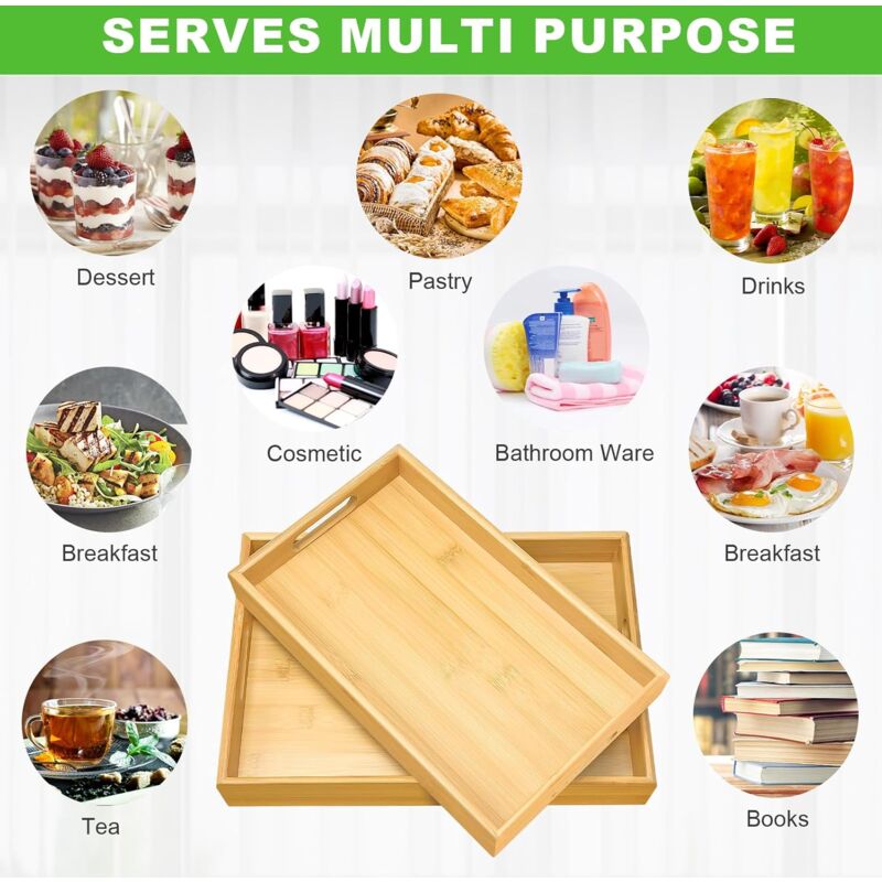 2 pcs Bamboo Serving Trays, Wooden Tray, Rectangular Serving Tray With Handles, Breakfast Tray Serving Tray For - Image 4