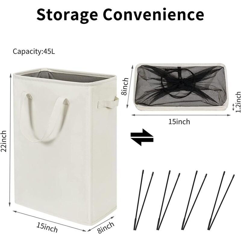 Long Foldable Laundry Basket With Handles 45L Beige - Image 2