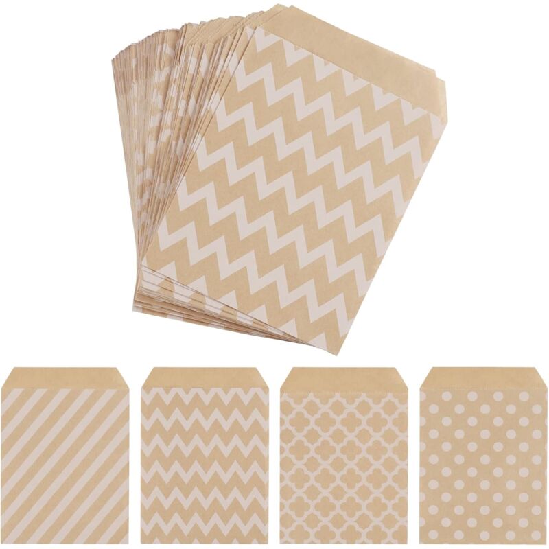 100 Pack Kraft Paper Candy Bags, Candy Cookie Favor Snacks Buffet Grocery Packaging, 4 Different Style No Wax Sweet - Image 1