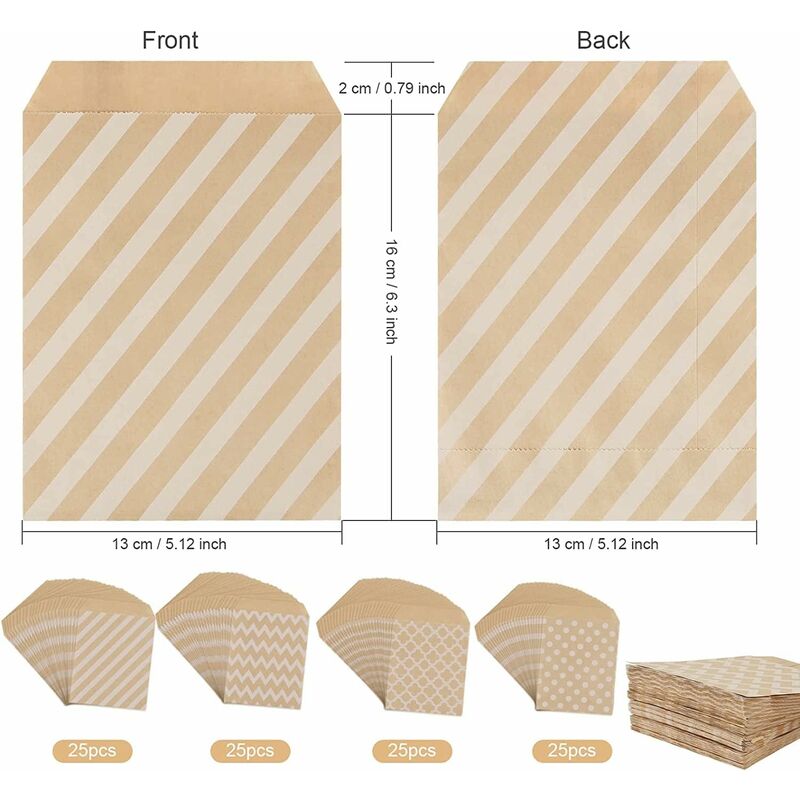 100 Pack Kraft Paper Candy Bags, Candy Cookie Favor Snacks Buffet Grocery Packaging, 4 Different Style No Wax Sweet - Image 2