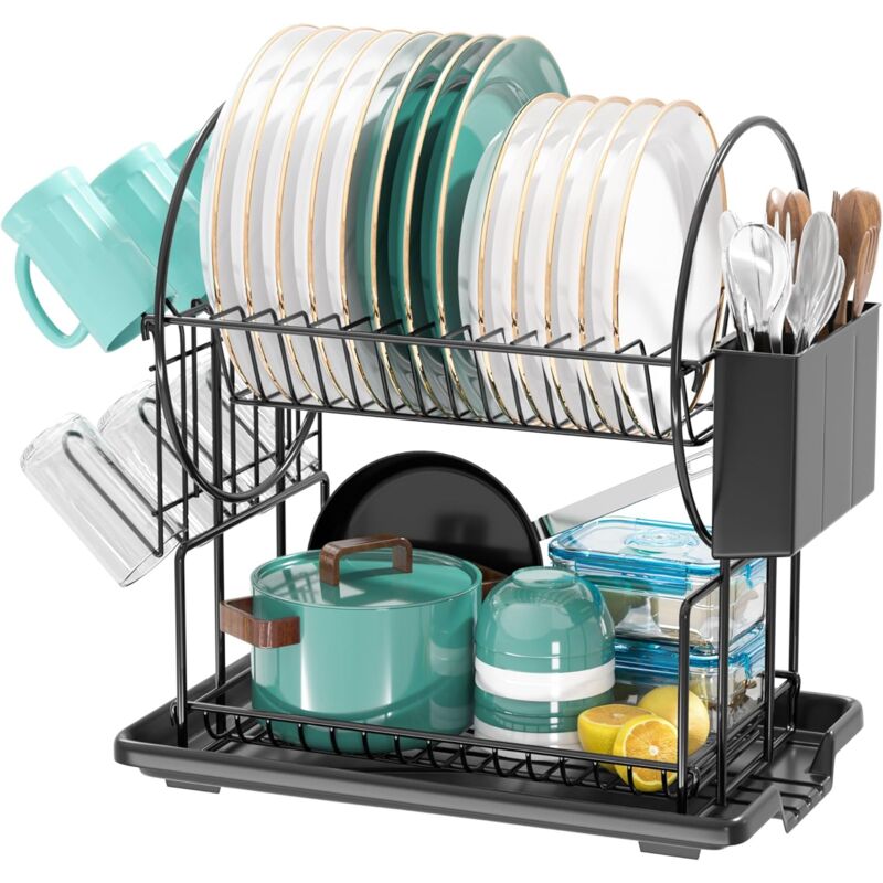 Black 2-Tier Kitchen Dish Drainer, Stainless Steel With Utensil Holder And Drip Tray - Image 1