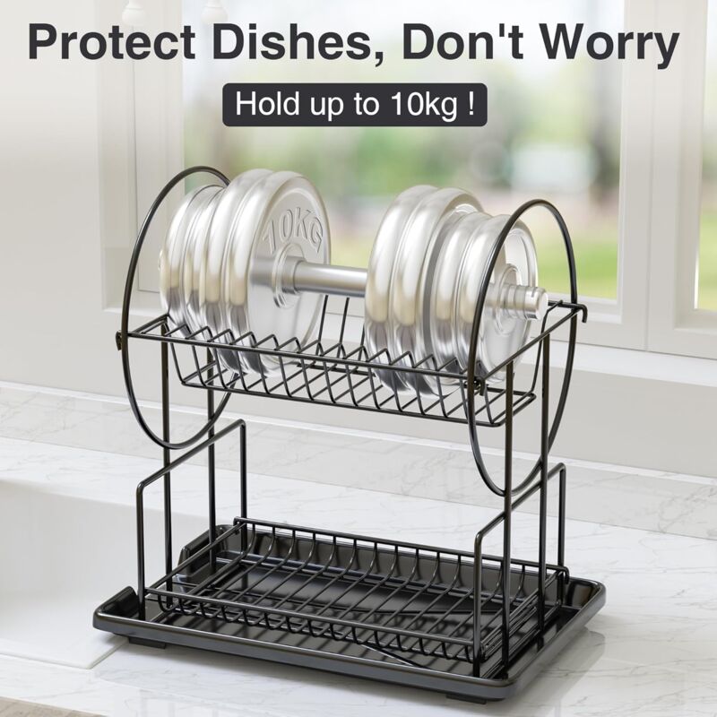 Black 2-Tier Kitchen Dish Drainer, Stainless Steel With Utensil Holder And Drip Tray - Image 3