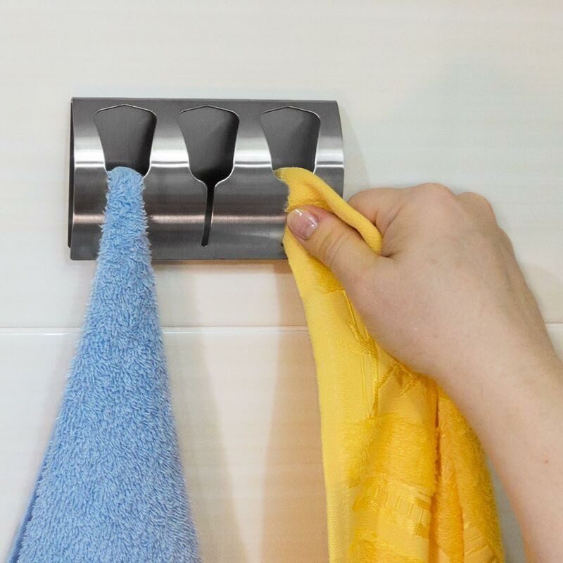 Adhesive Bathroom Towel Holder, Kitchen Towel Rack With 3 Brushed Stainless Steel Hooks, 10 Kg - Image 1