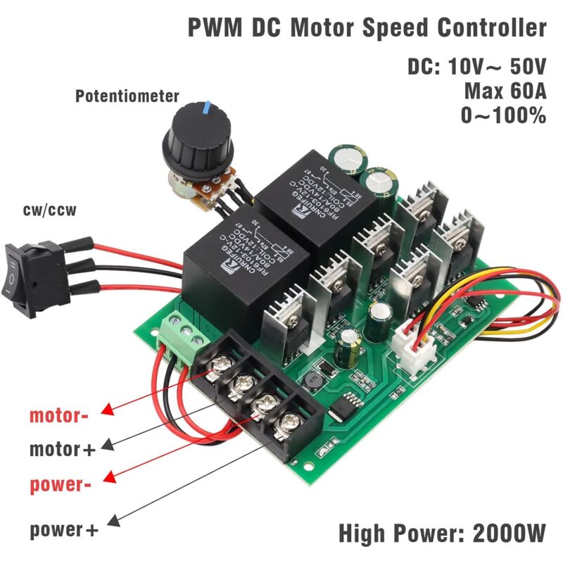 Dc Motor Controller, Dc 9-50V 40A Reversible Dc Motor Speed Controller To 12V 24V 36V 48V 2000W Reversible Speed Control - Image 3