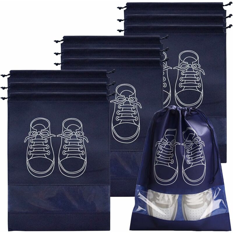 Travel Shoe Bag, Waterproof Dustproof Fleece Shoe Bag Set With Clear Window And Drawstring (3244Cm) -10 pcs-Navy Blue - Image 1