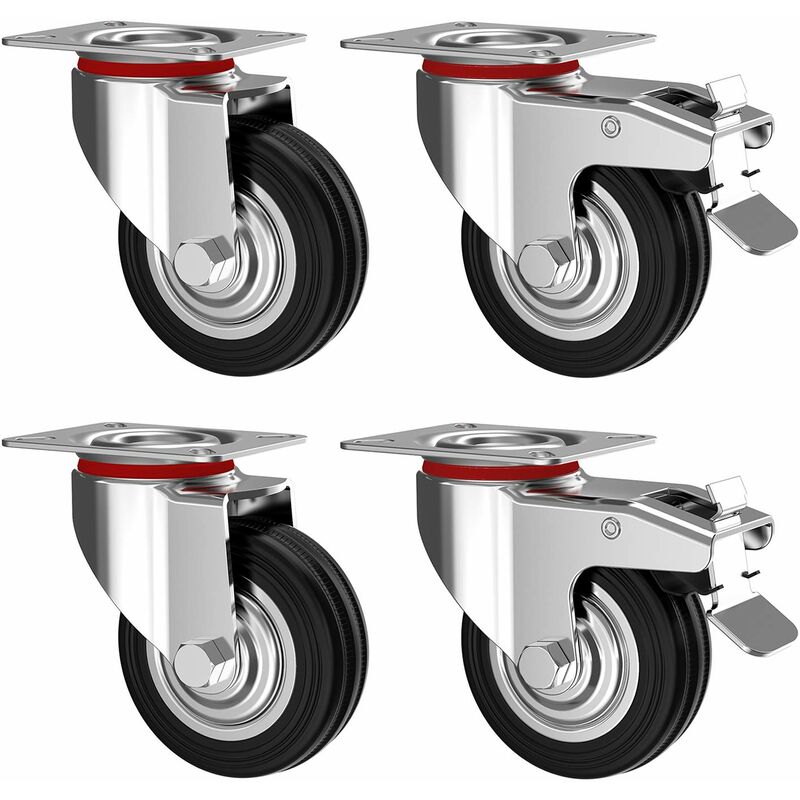 4 pcs Set 75Mm Swivel Castors With Brake - Furniture Castors Up To 50Kg Per Wheel - Heavy Duty - Rubber For Indoor And - Image 1