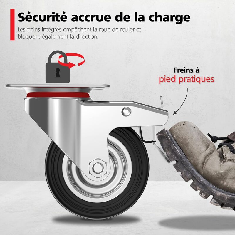 4 pcs Set 75Mm Swivel Castors With Brake - Furniture Castors Up To 50Kg Per Wheel - Heavy Duty - Rubber For Indoor And - Image 3
