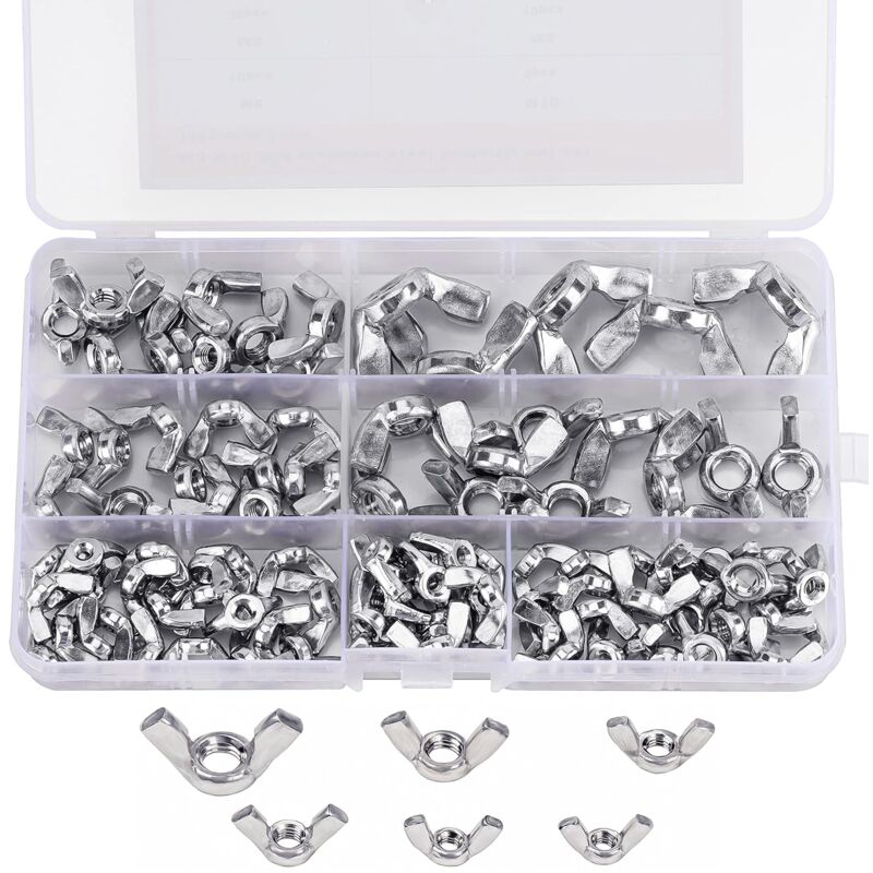 Wing Nut Assortment (100 Pieces) - Sizes M3, M4, M5, M6, M8 And M10 - 304 Stainless Steel Fastener Screws - Silver Wing - Image 1
