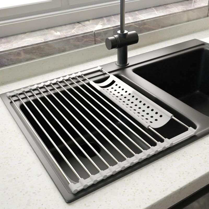 Stainless Steel Kitchen Dish Drainer Rack Foldable And Removable Stainless Steel ROller Drying Rack For Sink Draining - Image 1