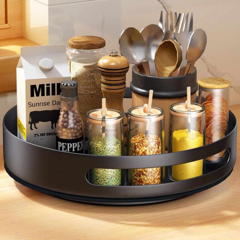 Turntable,Metal Steel ROtating Shelf Lazy Susan Kitchen Cupboard For Kitchen Storage,Cupboard Storage,25.4Cm,Black - Image 1
