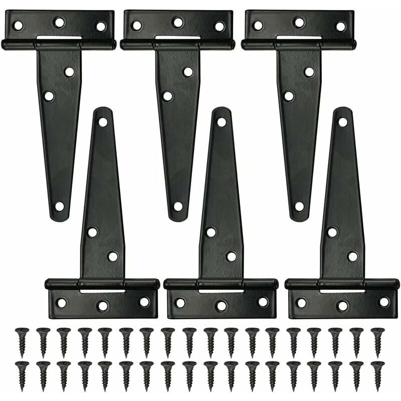 6 pcs Black T-Hinge Barn Door Hinge 4 Inch Exterior T-Hinges With 36 Screws Iron Door Hinges Heavy Duty Hinges For - Image 1