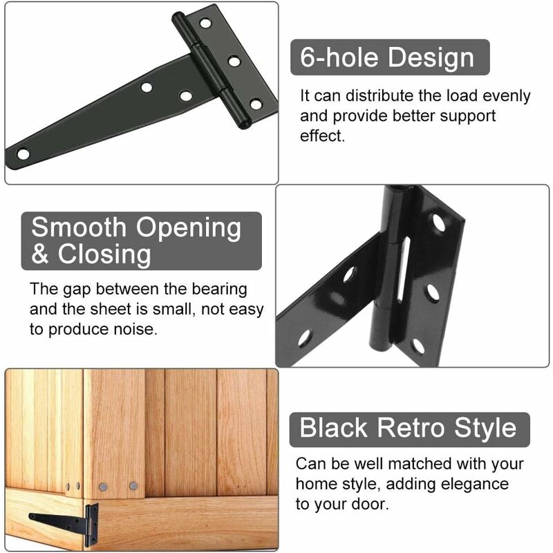 6 pcs Black T-Hinge Barn Door Hinge 4 Inch Exterior T-Hinges With 36 Screws Iron Door Hinges Heavy Duty Hinges For - Image 3