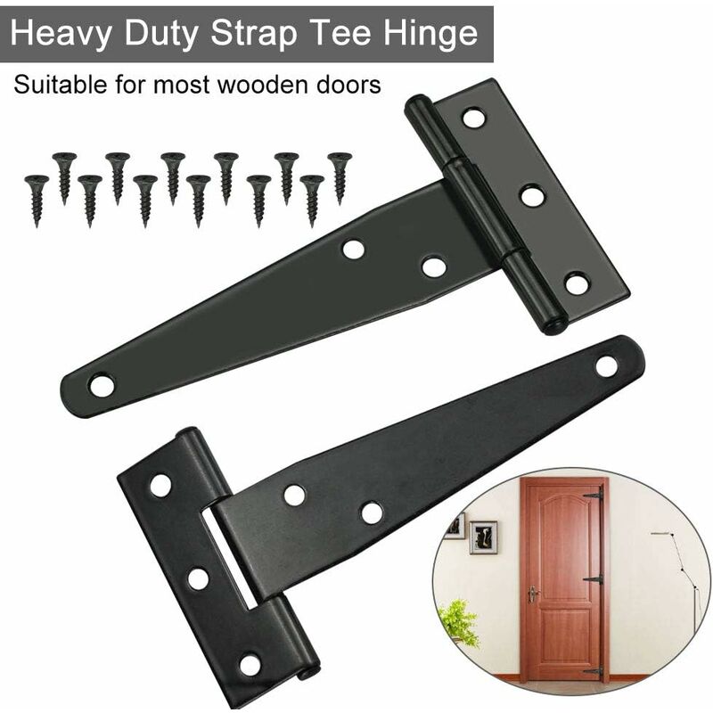6 pcs Black T-Hinge Barn Door Hinge 4 Inch Exterior T-Hinges With 36 Screws Iron Door Hinges Heavy Duty Hinges For - Image 4