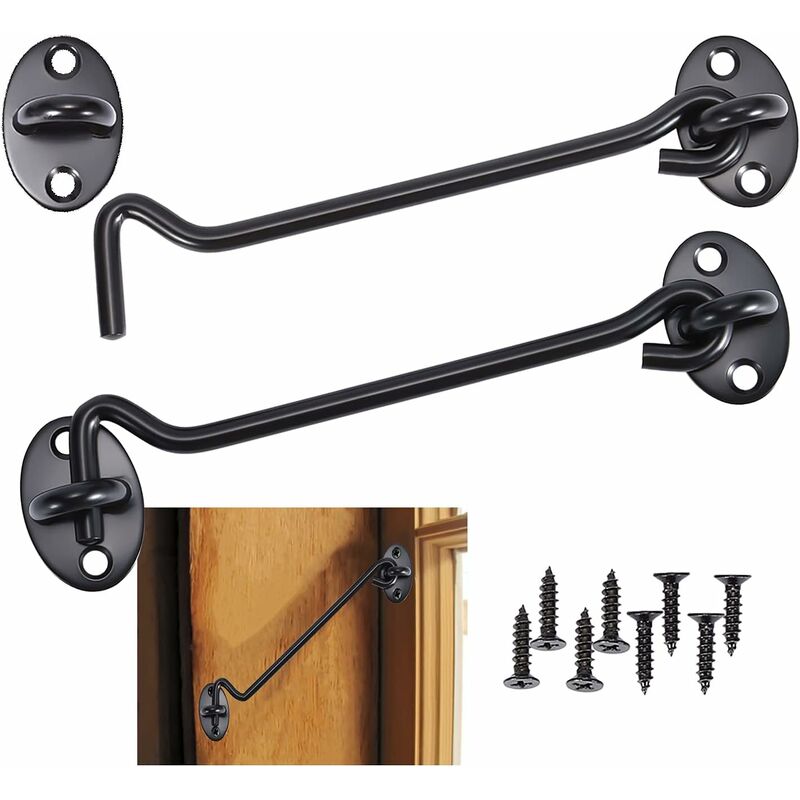 Cabin Hook 2 Pieces Door Hook Lock, Black Stainless Steel Door Hook Lock, With Mounting Screws, For Window, Barn Door, - Image 1
