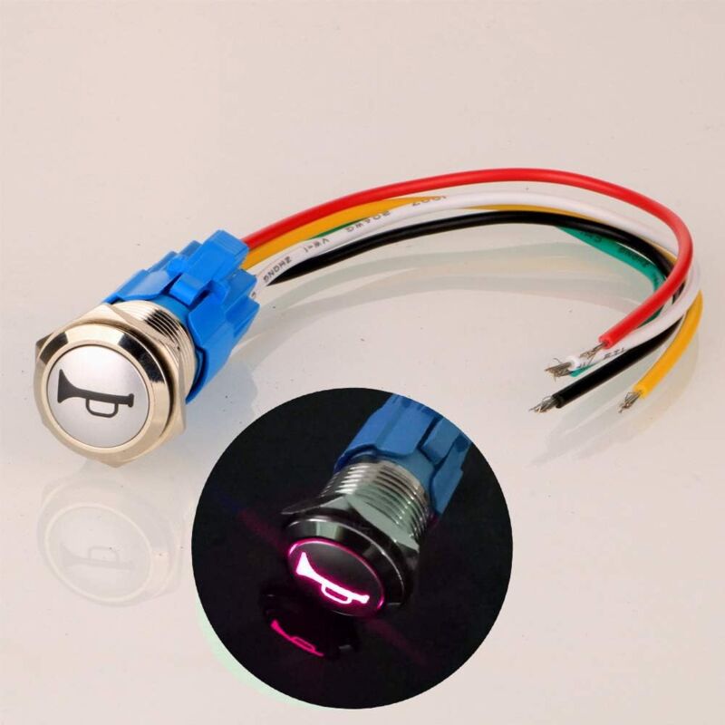 12V-24V/5A 16Mm Pre-Wired Momentary Horn Push Button Switch Waterproof Metal Button With Red LED - Image 1