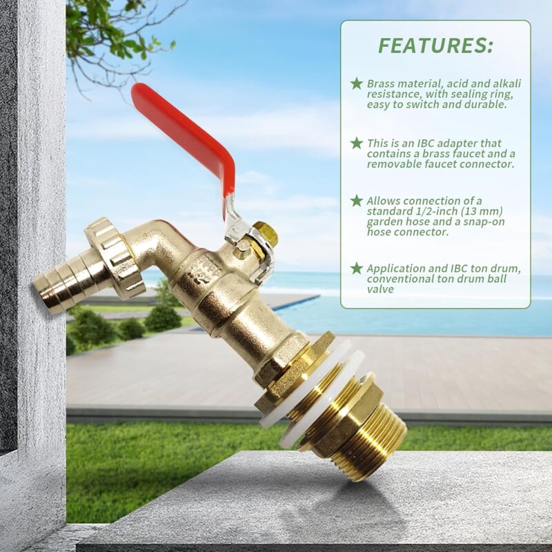 1000L Tank Faucet, Rainwater Harvesting Faucet Tank Adapter 1/2