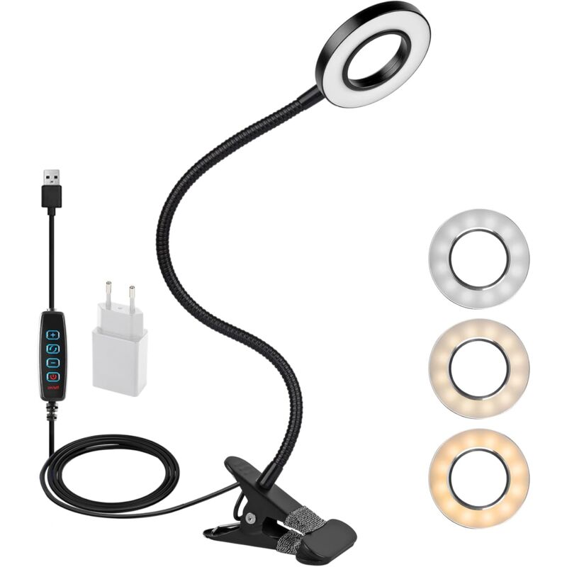 360° Flexible LED Clip-On Lamp 3 Modes 10 Dimmable Levels For Headboard Bedroom Office 12W With Ce Adapter Black - Image 1