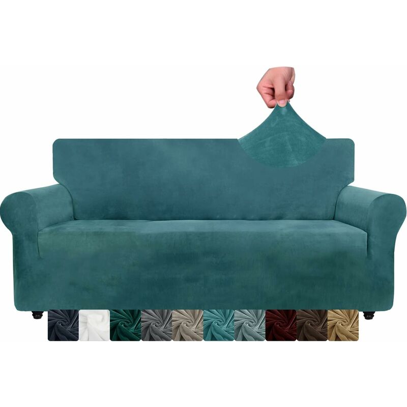Velvet Sofa Cover 3 Seater Thick Stretch Sofa Slipcovers (3 Seater, Peacock Blue) - Image 1
