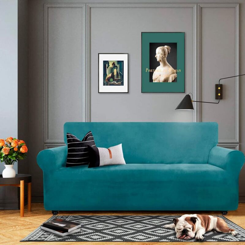Velvet Sofa Cover 3 Seater Thick Stretch Sofa Slipcovers (3 Seater, Peacock Blue) - Image 2