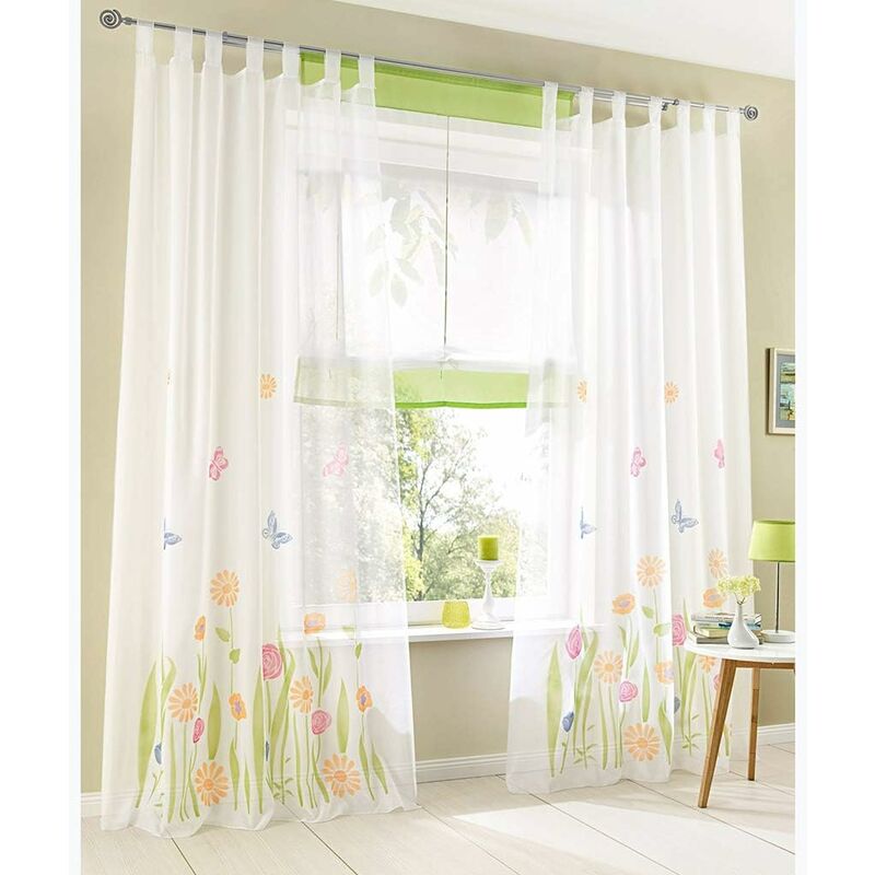 2 pcs Set Sheer Curtains With Tab Top - Floral Printed Voile Curtain - Window Treatment For Bedroom, Living ROom, Kids - Image 1
