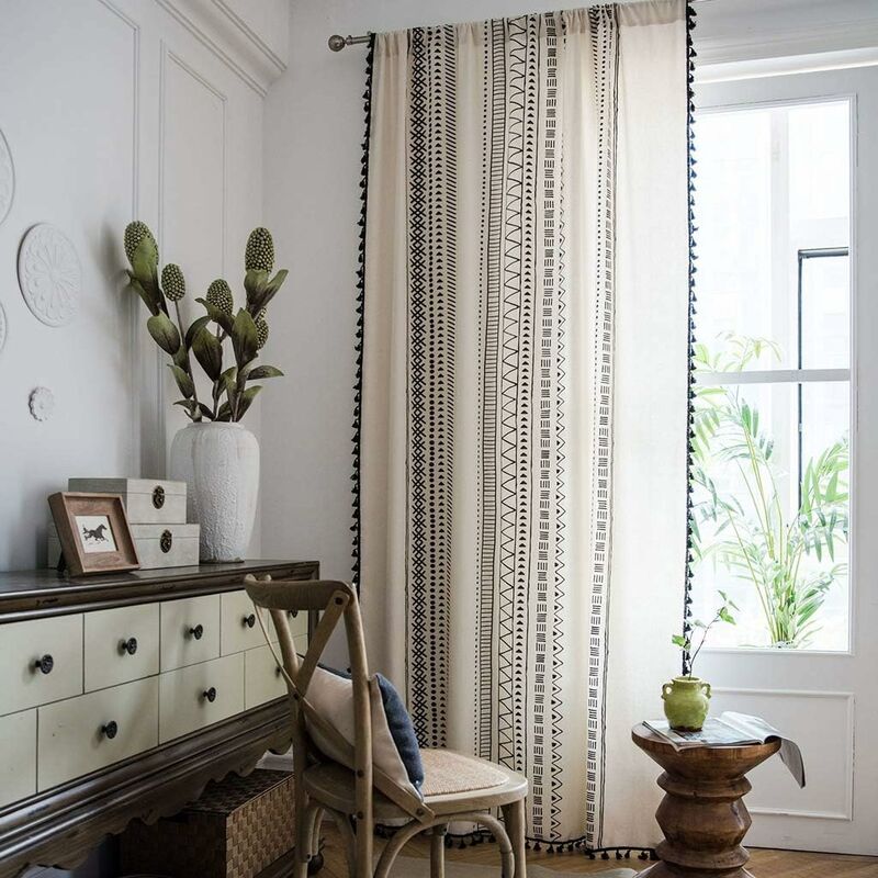 1 Panel Bohemian Curtains Cotton Linen Black Tassel Curtains For Living ROom Bedroom (White, 150 X 180 Cm) - Image 1