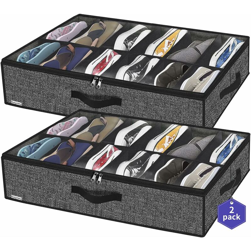 2 Pack Shoe Storage Bag With Clear Window - 12 Compartment Shoe Organizer For Under Bed Storage, Black Linen Fabric - Image 1
