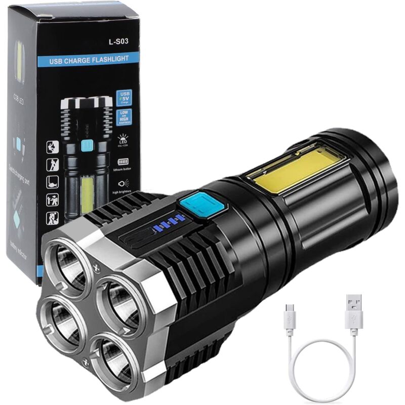 Super Bright LED Torches, Usb Rechargeable Torch With Side Light 4 Modes Cob Powerful Lumens For Outdoor Camping Torch - Image 1