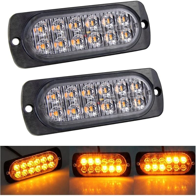 2 pcs 12 LED Amber Strobe Brake Light, 12V 24V LED Light Bar For Offroad Vehicle Car Van Boat Trailer Caravan, 3000K - Image 1