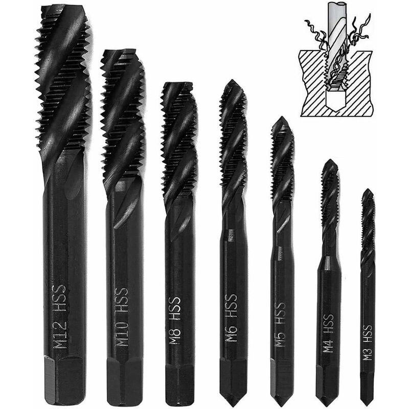 7 pcs Nitride Spiral Point Thread Taps, Hss 6542 Metric Machine Taper Shank Thread Tapping Tool M3 M4 M5 M6 M8 M10 M12 - Image 1