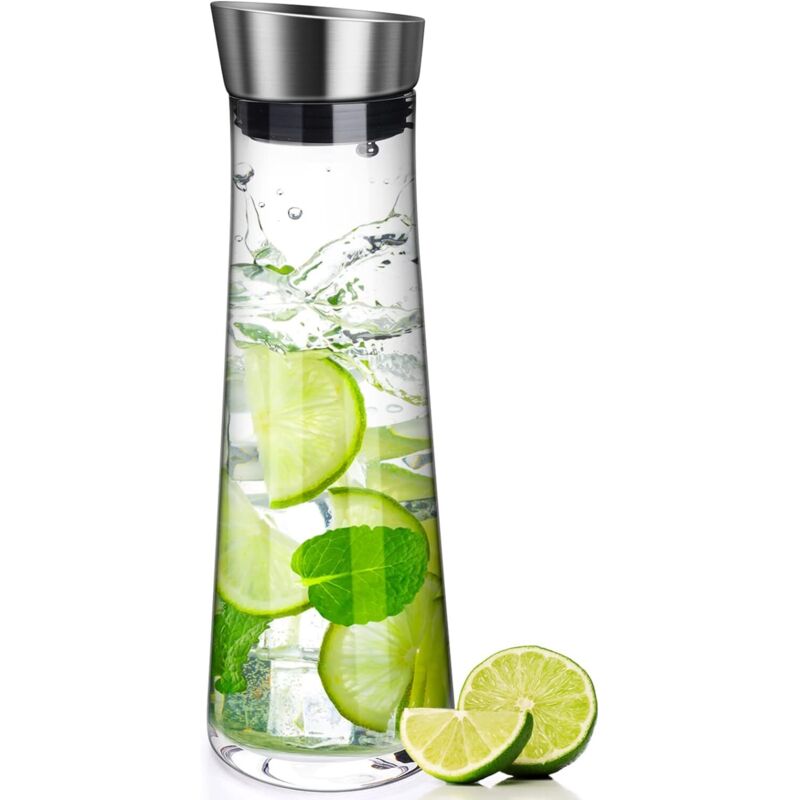 Glass Carafe, 1 Liter Leak Proof Glass Carafe With Stainless Steel Flip Lid For Water, Milk, Juice And Lemonade - Image 1