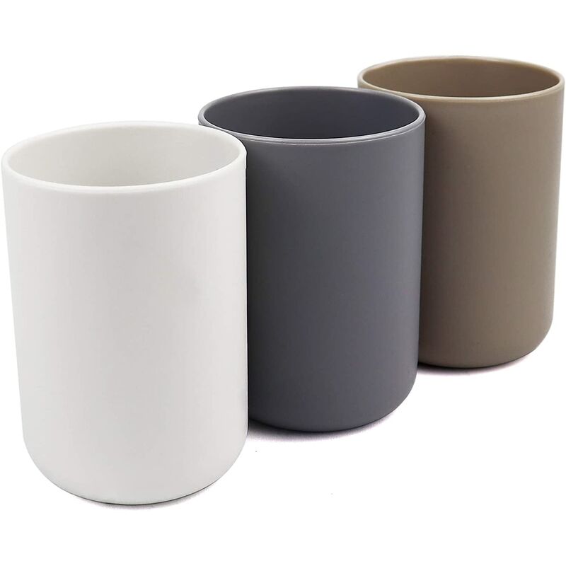 Bathroom Tumbler, Toothbrush Holder, 3 pcs Set, Food Grade Plastic, Absolutely Unbreakable (White, Gray, Brown) - Image 1
