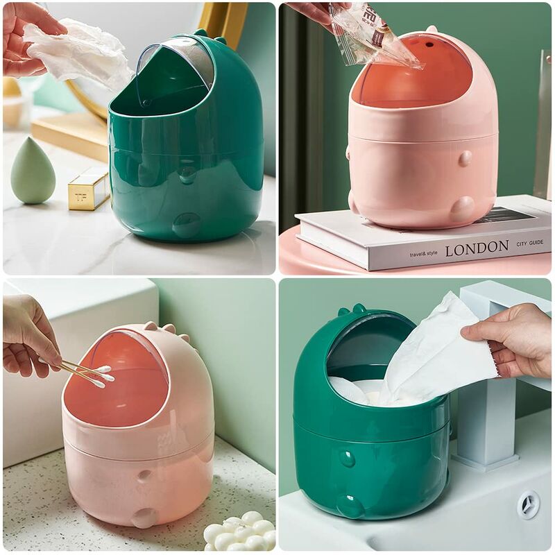 Mini Desktop Trash Can With Lid For Bathroom Kitchen Office Cartoon Style Portable Green - Image 4