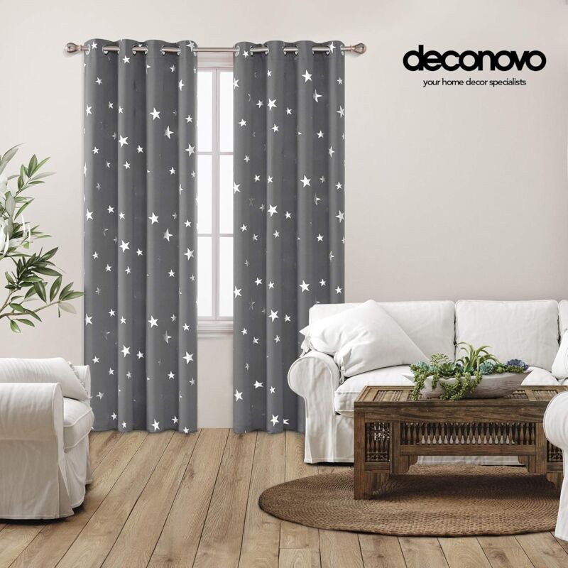 2 pcs Set Thermal Blackout Curtains Anti Cold Silver Star Pattern Eyelet Curtains 132X245Cm Light Grey - Image 2
