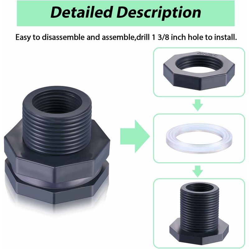 2-Piece Pvc Bulkhead Fitting For Rain Barrels, Aquariums, Water Tanks (3/4
