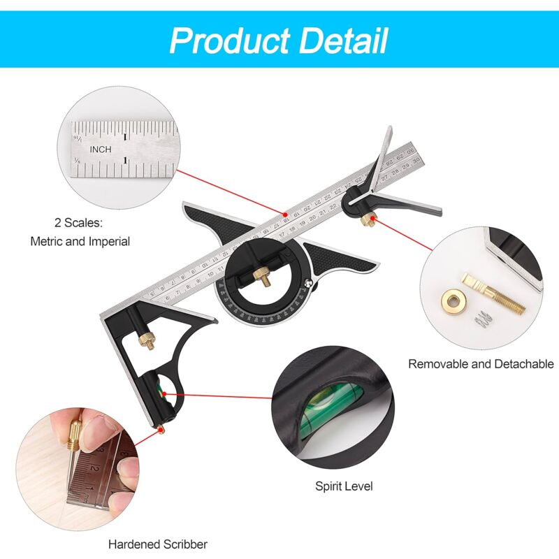 Metal Combination Square Multi-Function Carpentry Ruler Combination Angle Ruler With Zero Level Protractor Straight - Image 3
