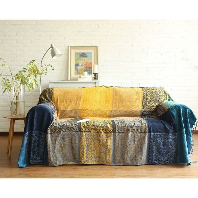 Cotton Single Sofa Blanket, Knitted Fringed Blanket, Double Sided Patchwork, Decorative Warm Blanket For Home Office - Image 1