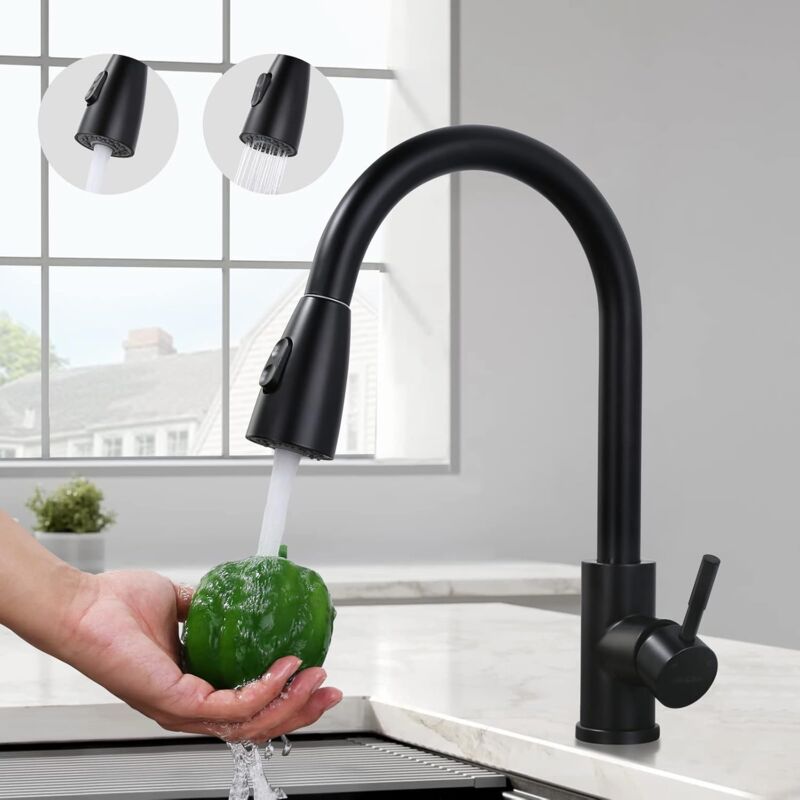 Black Kitchen Faucet, Stainless Steel Pull-Down Sprayer Sink Mixer Tap, 2 Spray Modes Kitchen Mixer Tap, High Spout And - Image 1