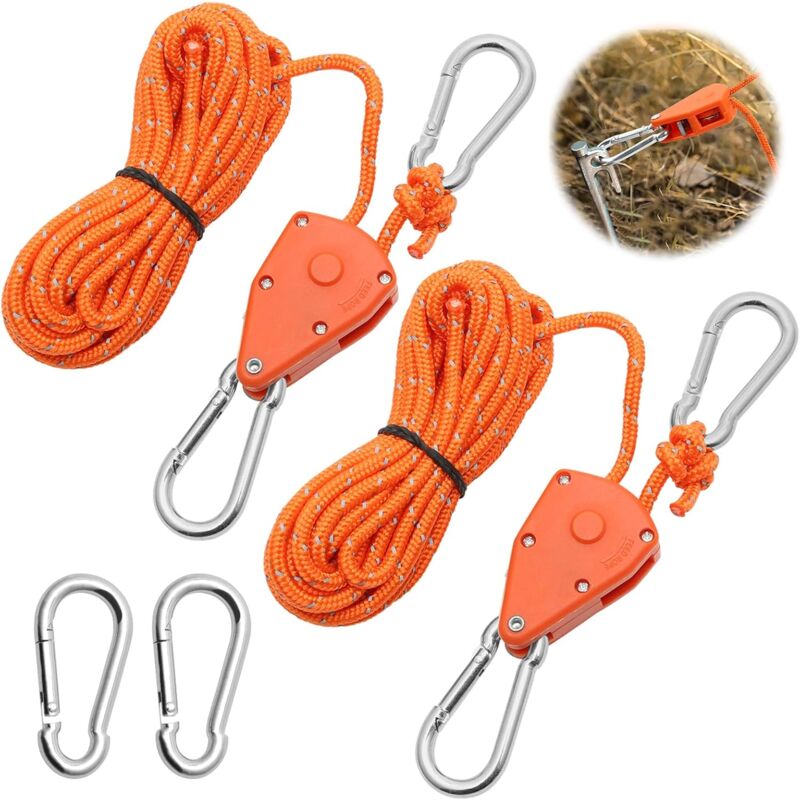 2 Pieces 4M Adjustable Ratchet ROpe, Orange 1/8 Ratchet Pulley With 2 Replacement Hooks, Reflective Ratchet ROpe - Image 1