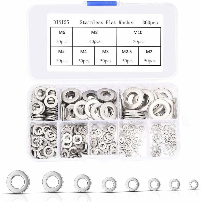 360 pcs Stainless Steel Flat Washers Assortment Kit, M2.5 M3 M4 M5 M6 M8 M10 M12 Metal Washers For Screw Sealing Gasket - Image 1