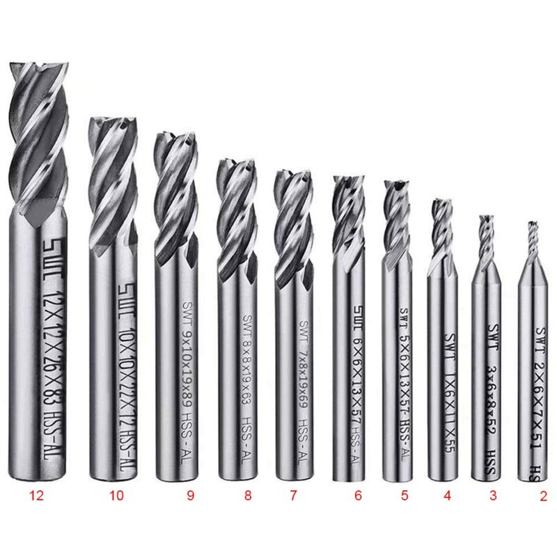10 pcs 4 Flute End Mill Bit Set - 2-12Mm Hss Straight Shank Drill Bit Set Cnc Drill Bits Tool Set For Wood Aluminum - Image 2