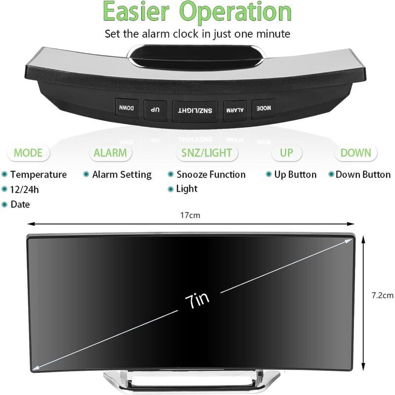 Digital Alarm Clock For Bedroom, 7'' LED Mirror Screen, 2 Brightness, Temperature, DAte, Usb Powered, Memory Function - Image 2